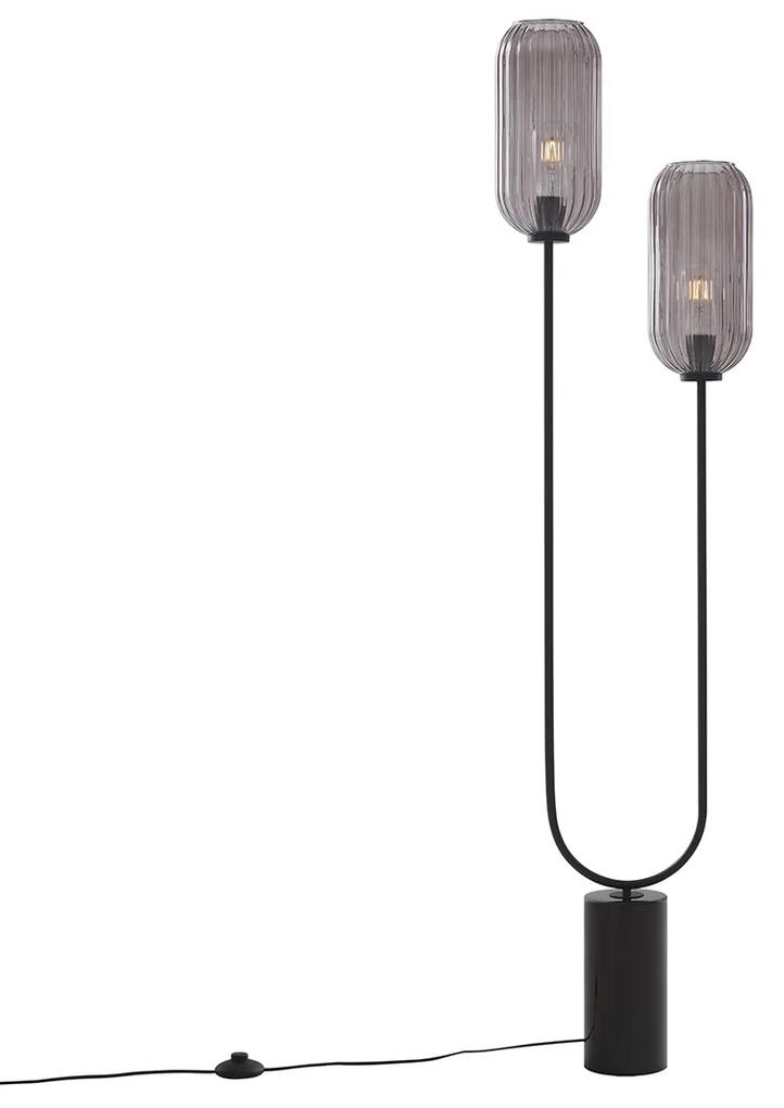 Art Deco vloerlamp zwart met smoke glas 2-lichts - Rid Art Deco E27 Binnenverlichting Lamp