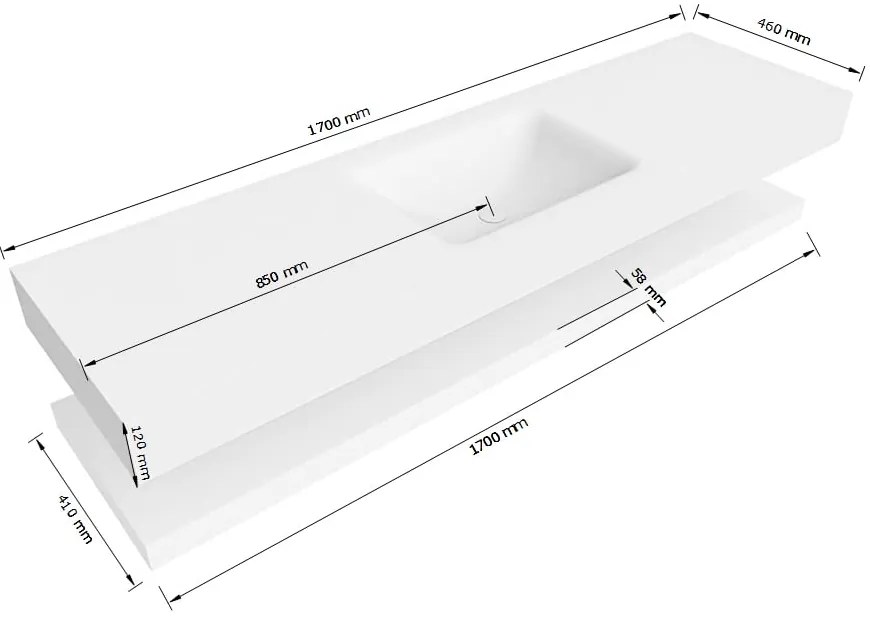 Zaro Alan badmeubel 170cm met planchet talc en vrijhangende wastafel cloud midden zonder kraangat talc