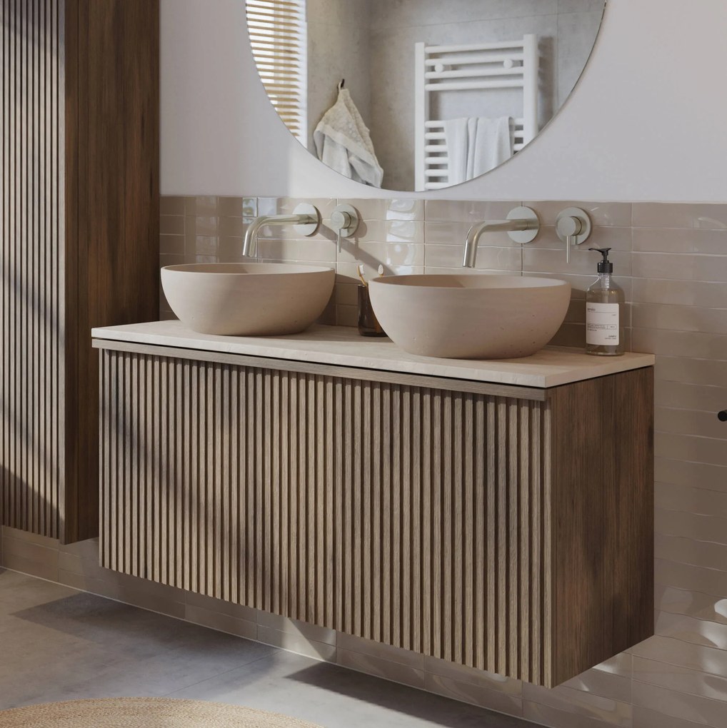 Ben Linea voorgemonteerd badmeubel met beige betonnen waskommen 120cm eiken grijs