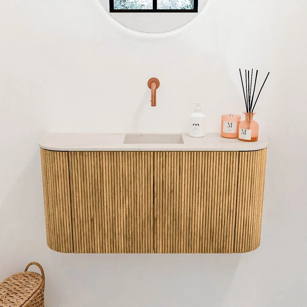 Mondiaz Joya DLux 85cm toiletmeubel ronding links/rechts oak met wastafel faye midden zonder kraangat meli