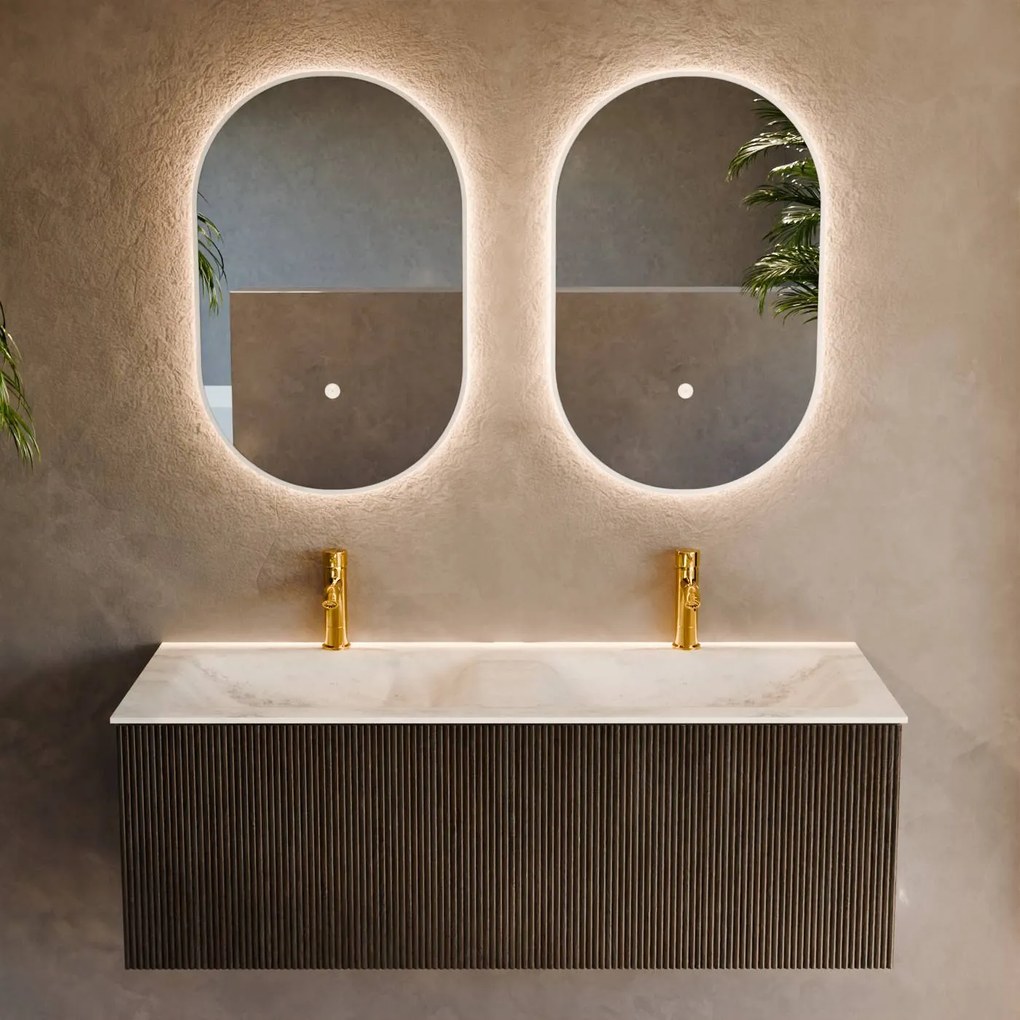 Mondiaz Kurve-dlux 120cm badmeubel shadow met 1 lade en wastafel leaf dubbel 2 kraangaten opalo