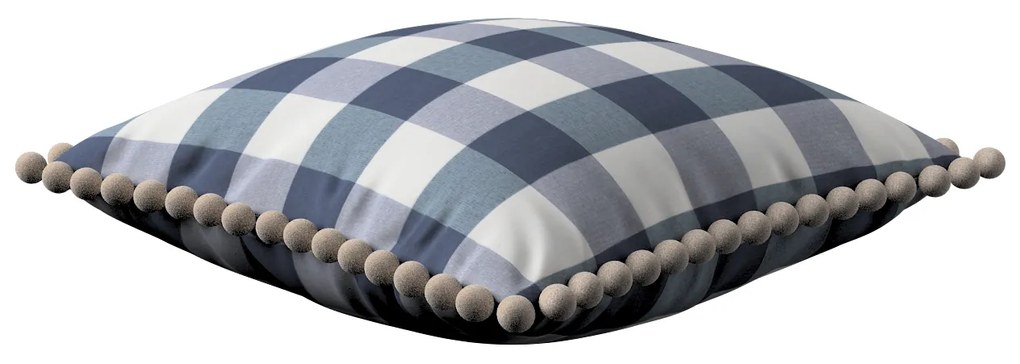 Dekoria Kussenhoes Wera met pompons, wit-donkerblauw geruit 45 x 45 cm