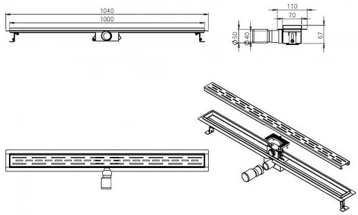 Mueller Gold douchegoot met flens 100x7cm geborsteld messing