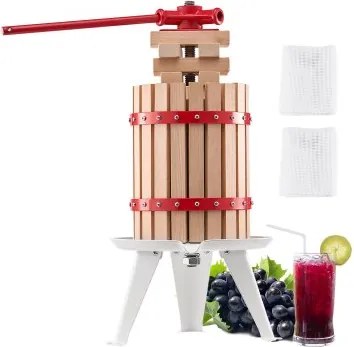 VEVOR Fruitwijnpers Fruitmolen (6 L) met massief houten mand met 8 blokken, robuuste handmatige sapcentrifuge, ciderpers, appelpers, druivenpers, olijfoliepers met handvat, sappers voor de keuken