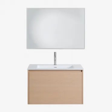 Badkamermeubelset In Hout Met Geïntegreerde Wastafel Jacob Natuurlijk Hout & Rechthoekige Led En Anticondens 100x70 Cm Tamsin & - Sklum