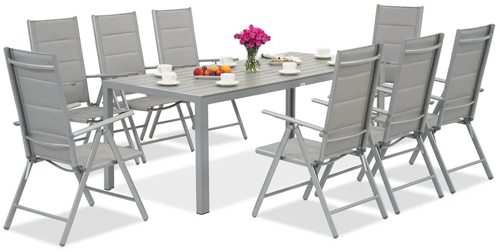 Garden Point lichtgrijze aluminium tuinmeubelen met grote Polywood Verona tafel voor 8 personen