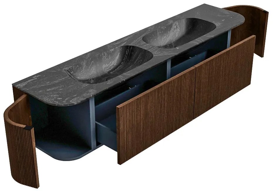 Mondiaz Kurve-dlux 190cm badmeubel ronding links/rechts walnut met 2 lades en deuren en wastafel stor small dubbel 2 kraangaten lava