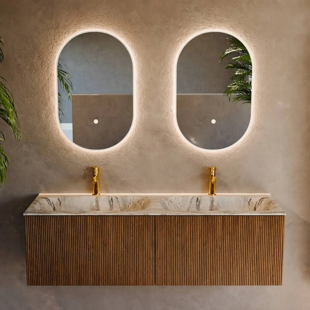 Mondiaz Kurve-dlux 140cm badmeubel dusk met 2 lades en wastafel stor small dubbel 2 kraangaten glace