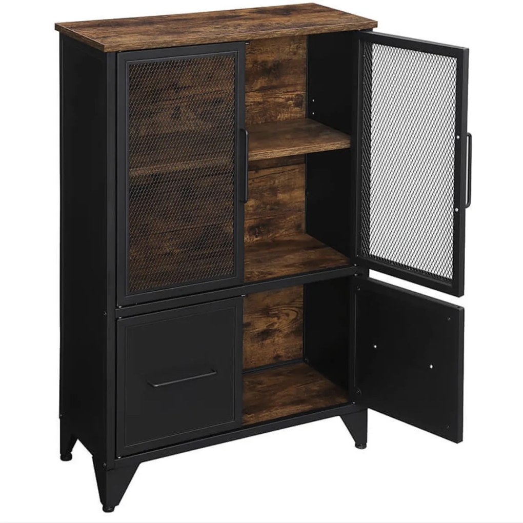 Nancy's Boston 2 Opbergkast - Commode Kasten - Boekenkast - Dressoir - Kast met 3 Planken - 4 Metalen Deuren - (75 x 33 x 80 cm)