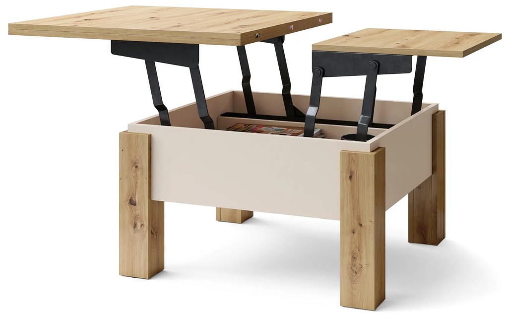 Mazzoni OSLO eiken artisan / beige, uitklapbare salontafel met in hoogte verstelbaar blad