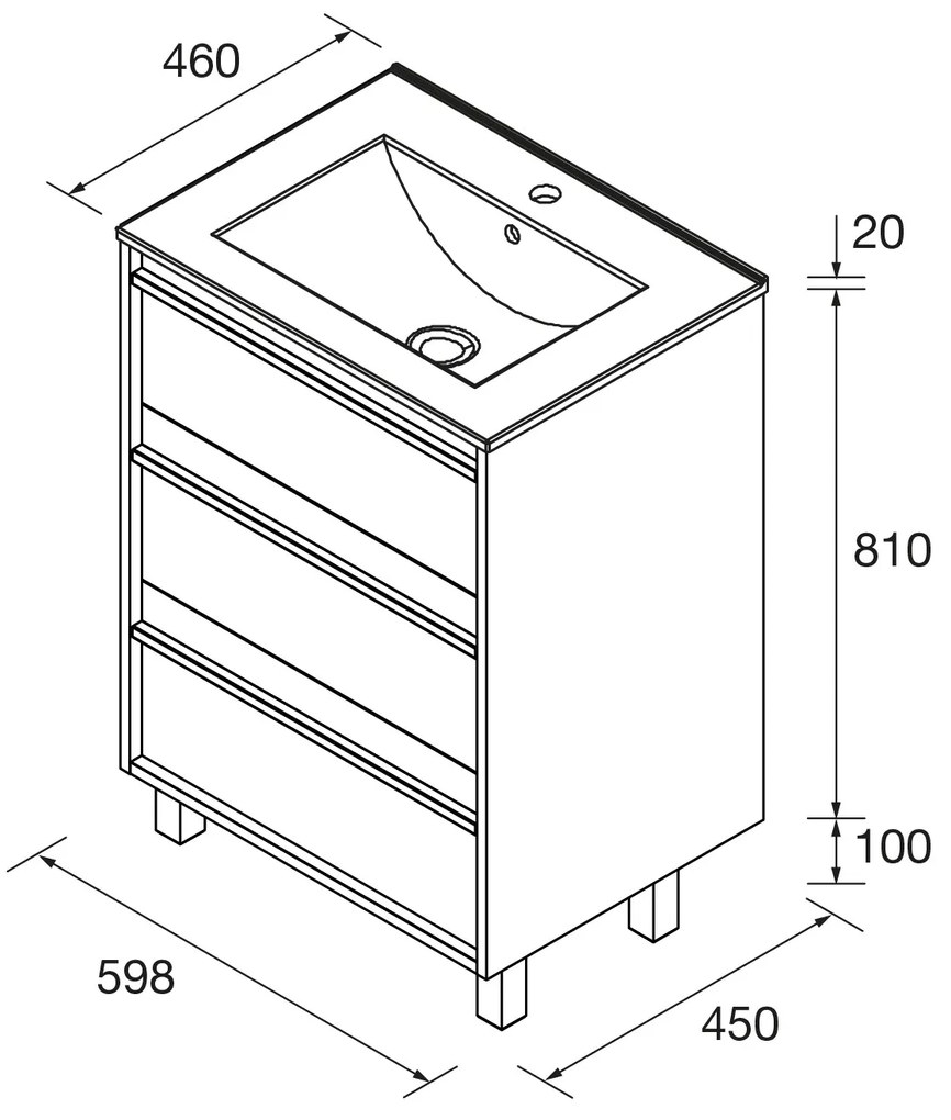 Muebles Resh badmeubel 60cm met 3 lades en wastafel warm eiken