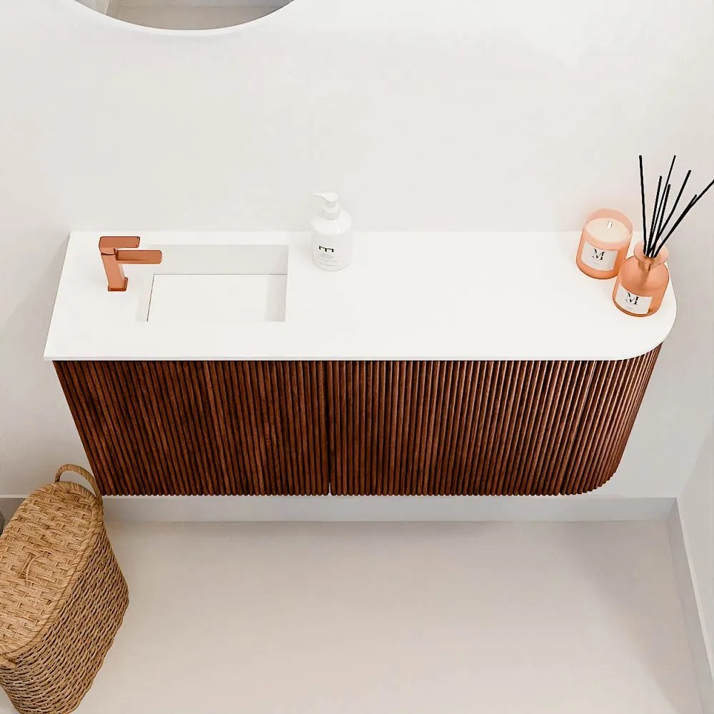 Mondiaz Joya 90cm toiletmeubel ronding rechts ruby met wastafel faye links 1 kraangat talc