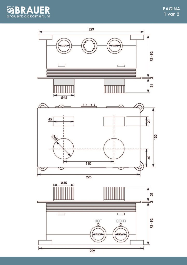 Brauer Stripe 2-weg inbouwthermostaat met drukknoppen messing geborsteld PVD