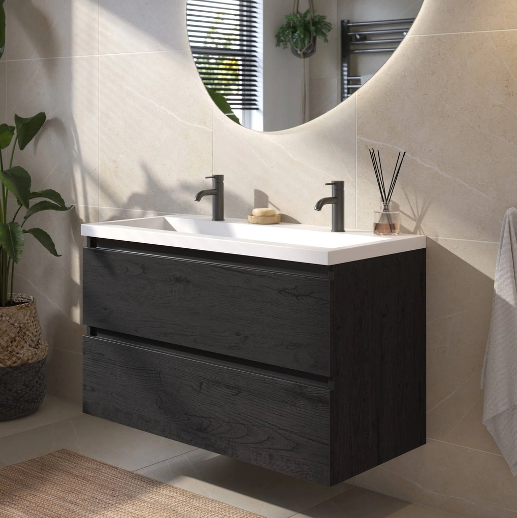 Saqu Gaia voorgemonteerd badmeubel met zwarte greeplijst incl. matte wastafel 100,5x51cm eiken zwart