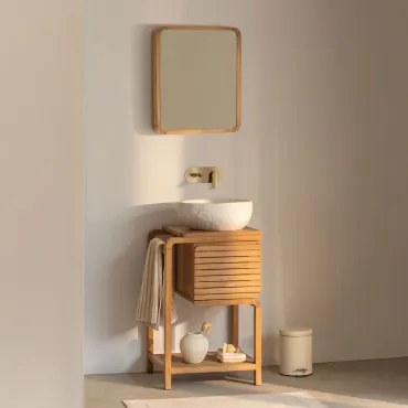 Bradley Teakhouten Badkamermeubelset Onregelmatige In Wit Cement ↔︎40 Cm Fedro & Rechthoekig Met Afgeronde Hoeken En Opbergruimte - Sklum