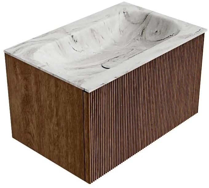 Mondiaz Kurve-dlux 70cm badmeubel walnut met 1 lade en wastafel big small midden zonder kraangat glace