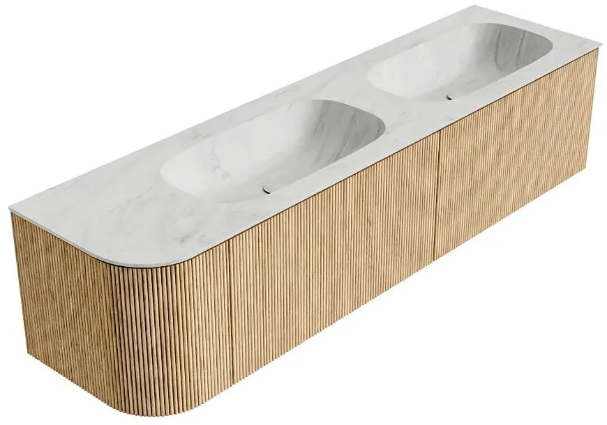 Mondiaz Kurve-dlux 175cm badmeubel ronding links oak met 2 lades en 1 deur en wastafel stor small dubbel/rechts zonder kraangat opalo