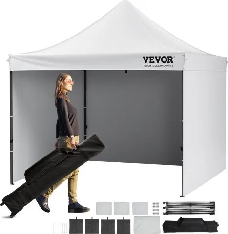 VEVOR Pavilion 304,8x304,8x320cm Tuintent 500D PU Zilveren Stof Opvouwbare Paviljoen Hoogte Verstelbaar Inclusief Opbergtas Partytent 6-8 Personen Pop-up Tent Witte Tuinpaviljoen voor Kampeertrips
