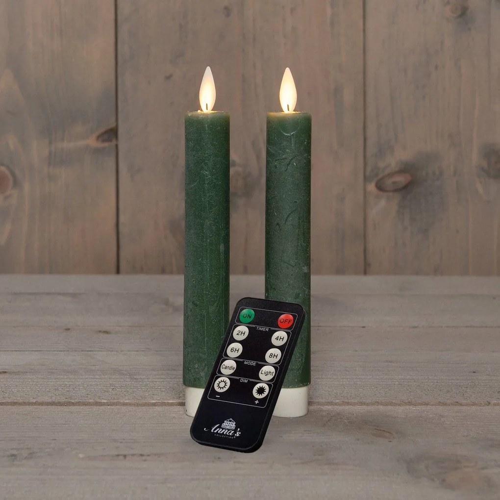 Anna's Collection - Led dinerkaars - groen - H 18cm - set van 2 stuks - met afstandsbediening
