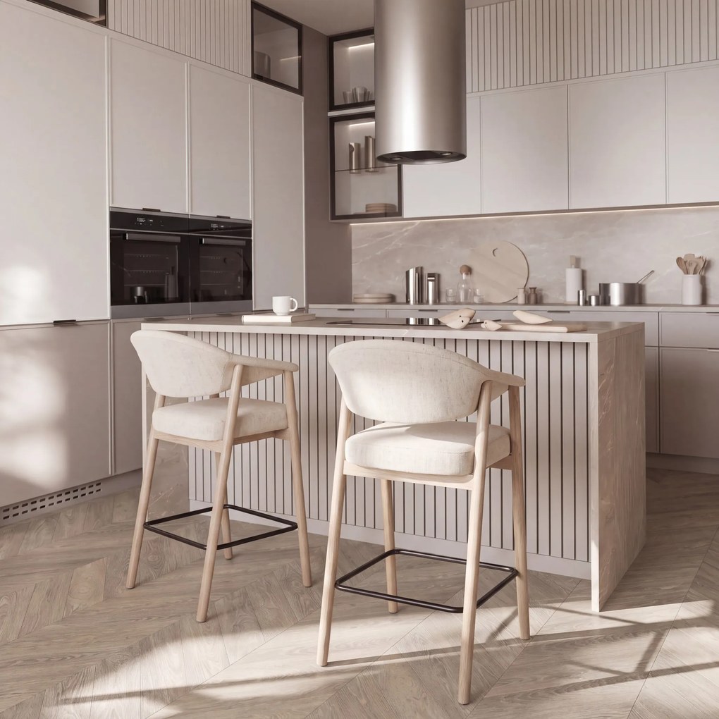 GARDA crème beige (stof Harmony 110) / gebleekt eiken geolied - GESTOFFEERDE BARKRUK VOOR KEUKEN/BAR