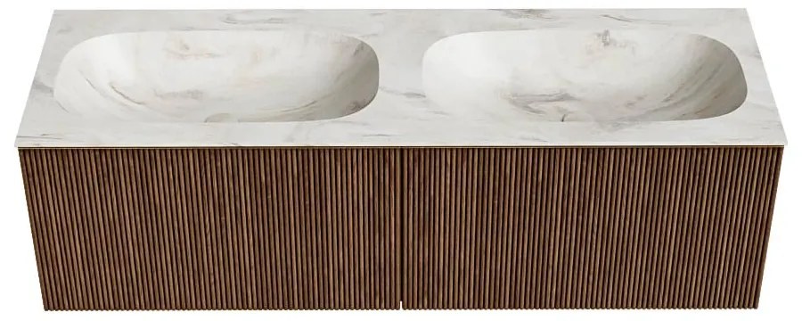Mondiaz Kurve-dlux 140cm badmeubel walnut met 2 lades en wastafel stor small dubbel 2 kraangaten ostra