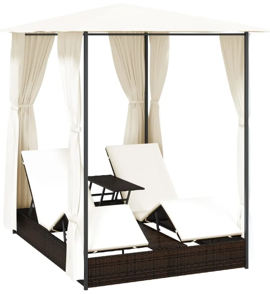 vidaXL Ligbed tweepersoons met gordijnen poly rattan bruin