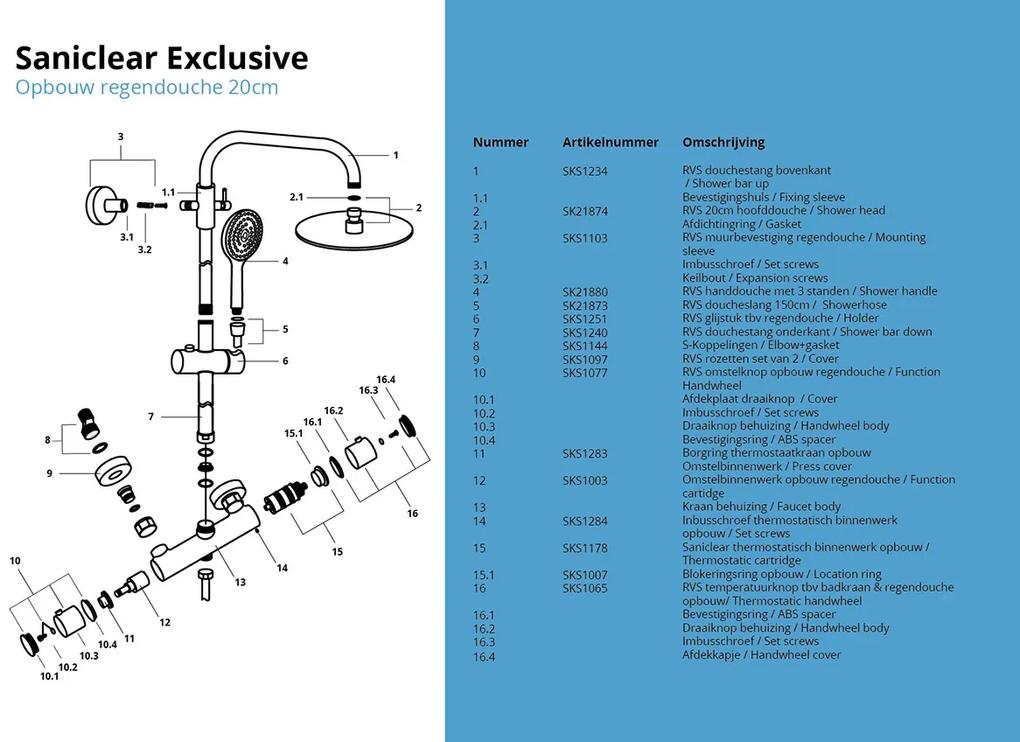 Saniclear Exclusive volledig 304 RVS regendouche opbouw 20cm met 3 standen handdouche