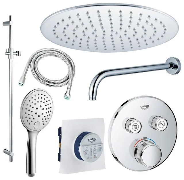 Grohe - Adema Rise Regendoucheset - Inbouw - 2 functies - met Adema Rise hoofddouche 30cm - ronde handdouche - wandarm - glijstang 90 cm - Grohe Grohtherm inbouwthermostaat - chroom sw105953 SW104917  SW696252 SW496814 SW767373 SW76
