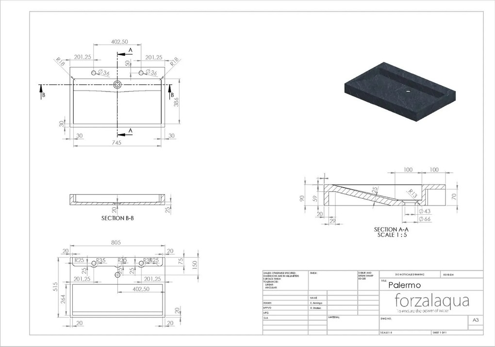 Forzalaqua Palermo wastafel 80x50cm met 2 kraangaten graniet gepolijst