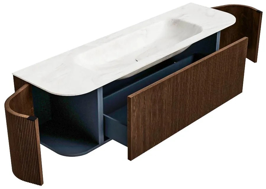 Mondiaz Kurve-dlux 160cm badmeubel ronding links/rechts walnut met 1 lade en 2 deuren en wastafel big medium midden zonder kraangat ostra