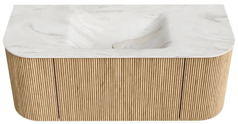 Mondiaz Kurve-dlux 110cm badmeubel ronding links/rechts oak met 1 lade en 2 deuren en wastafel cloud midden 1 kraangat ostra