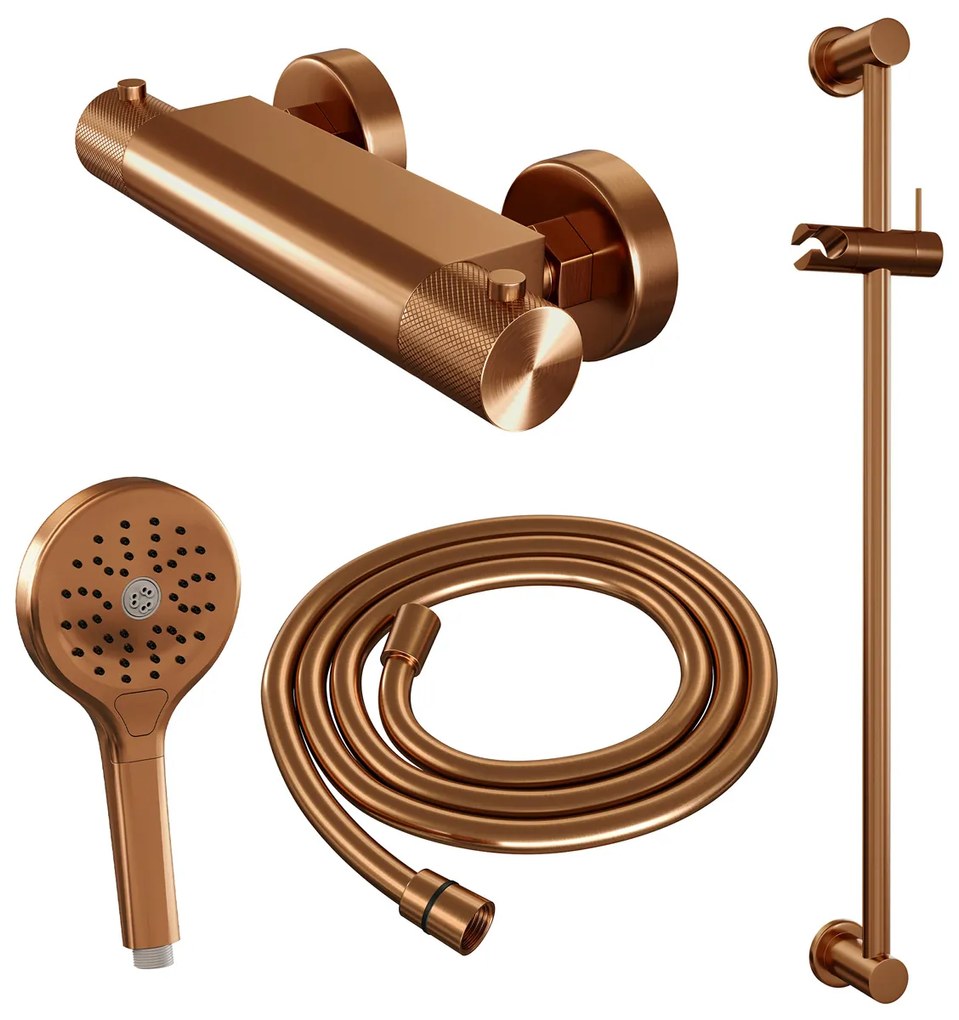 Brauer Copper Carving thermostatische douchekraan met glijstang en 3 standen handdouche geborsteld koper PVD