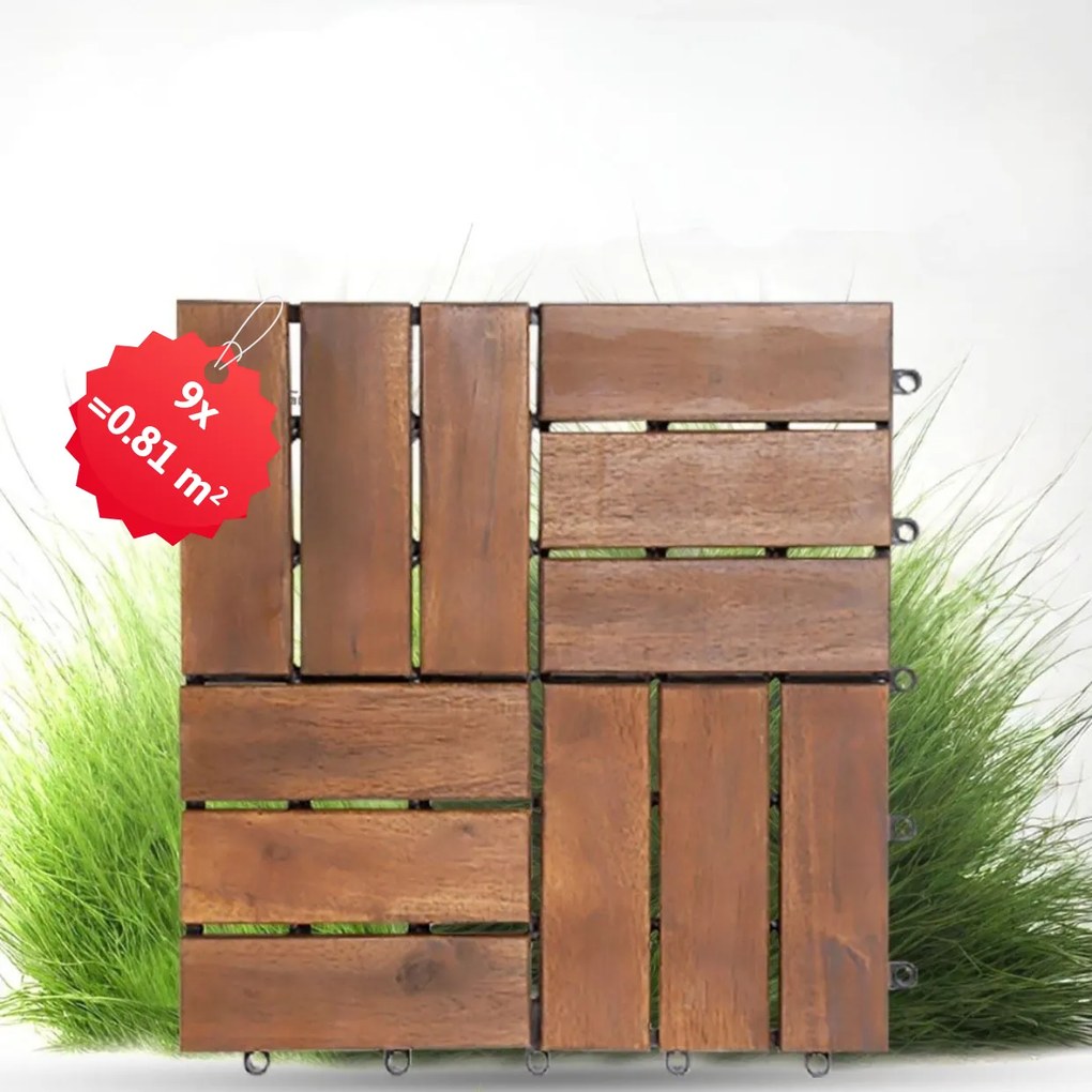 Famiflora houten terrastegels acacia 30x30cm - mozaïek - donkerbruin - 9 stuks = 0.81m²