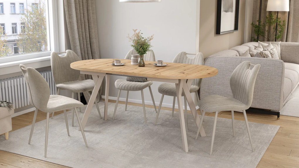 Mazzoni ALMO Artisan Eiken / kasjmier poten - OVALE UITSCHUIFTAFEL 120-220 cm VOOR 10-12 PERSONEN