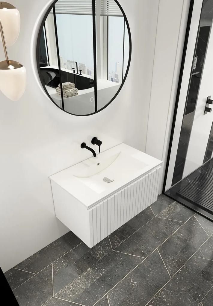 Fontana Lento wit badkamermeubel ribbelfront met witte wastafel 80cm zonder kraangat en ronde spiegel