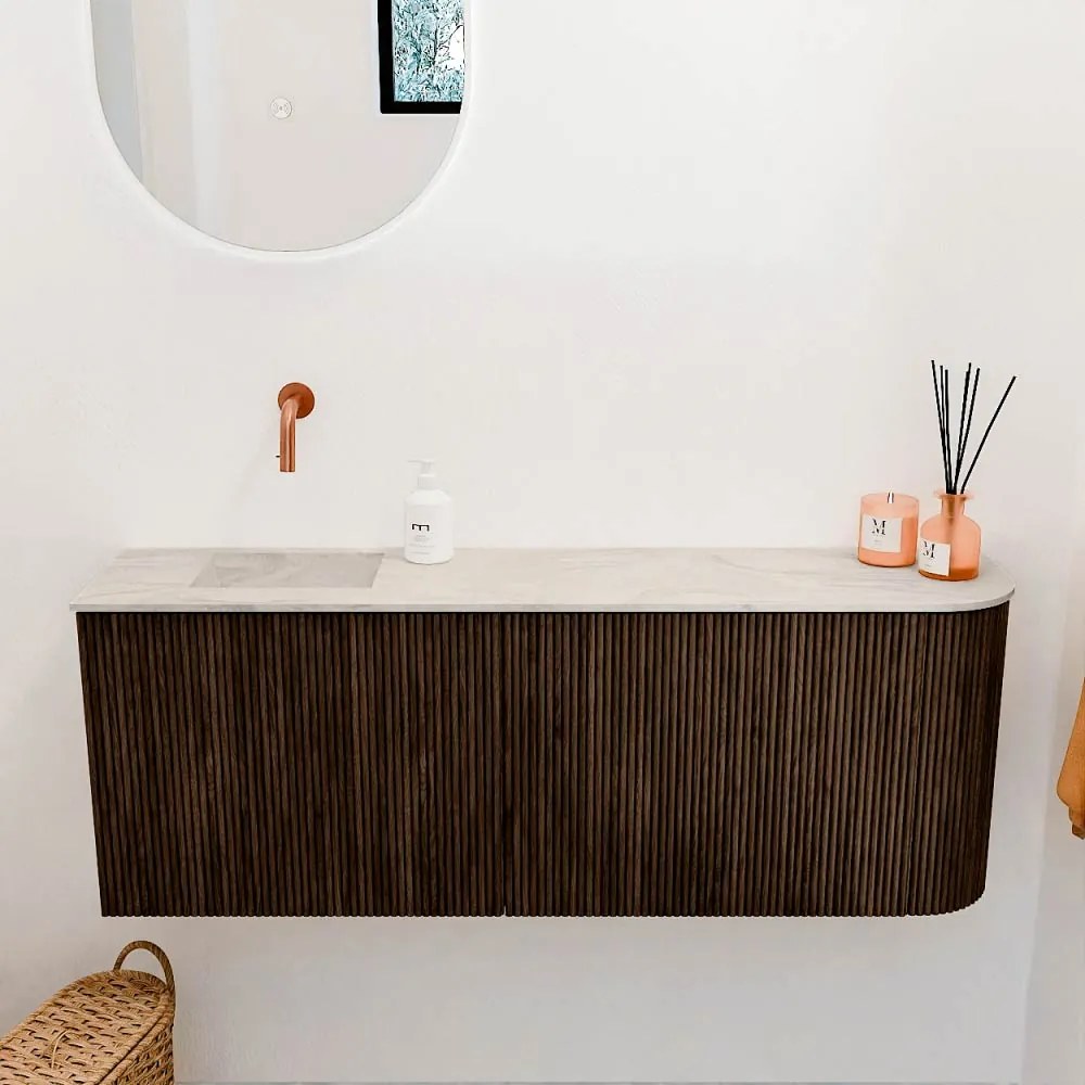 Mondiaz Joya DLux 110cm toiletmeubel ronding rechts walnut met wastafel faye links zonder kraangat ostra