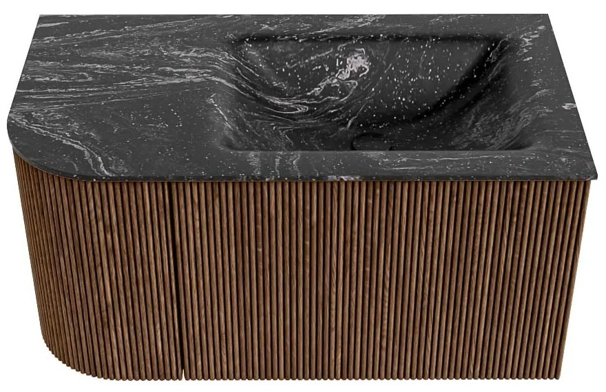 Mondiaz Kurve-dlux 85cm badmeubel ronding links walnut met 1 lade en deur en wastafel cloud kraangat rechts lava