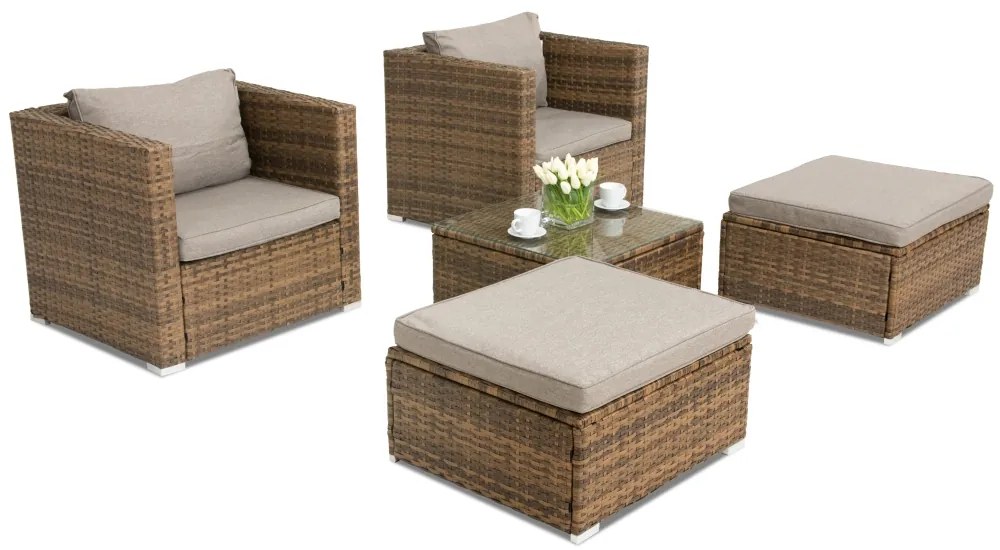 Roma Terrace technorattan tuinmeubelen + 2 Garden Point poefs bruin
