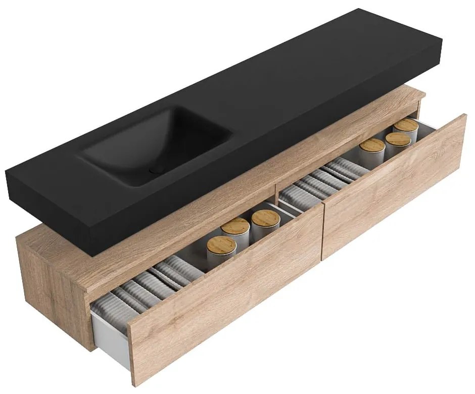 Zaro Alan badmeubel 190cm washed oak 2 lades met vrijhangende wastafel cloud links zonder kraangat urban