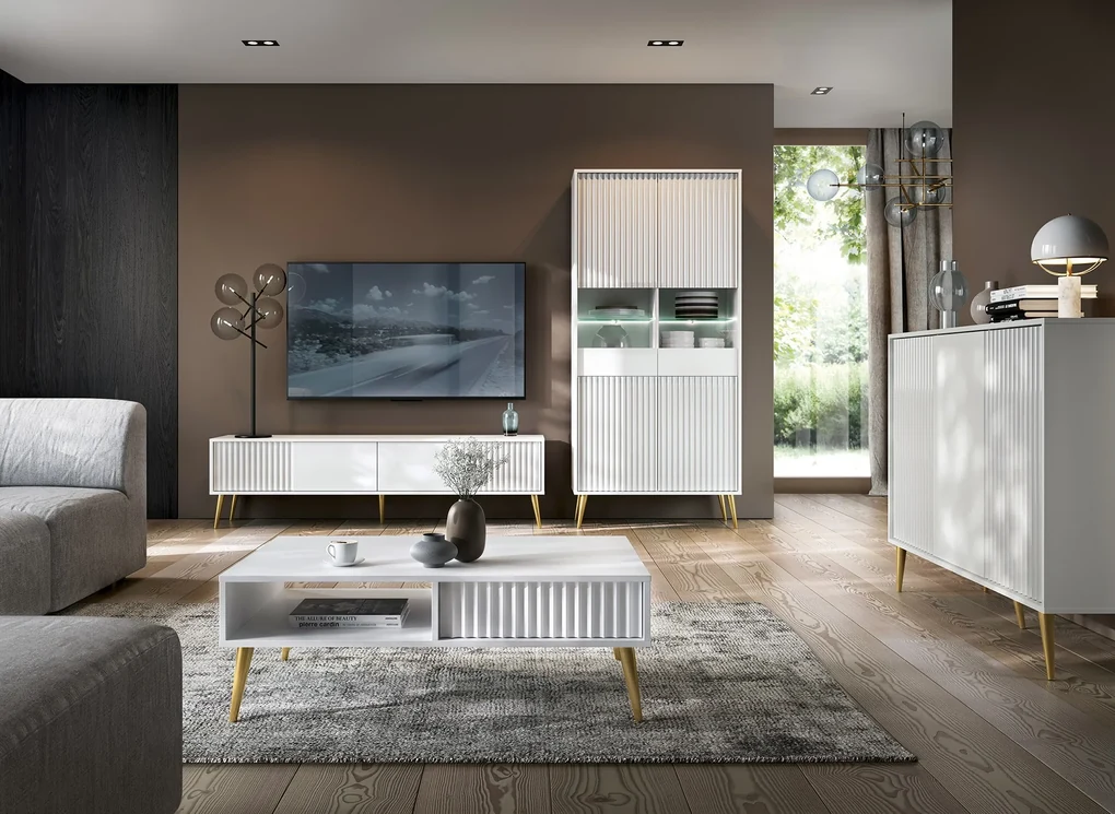 Salontafel BARCELLONI 2S Wit mat/gouden poten - TAFEL MET LADEN EN GERIBBELDE VOORPANELEN