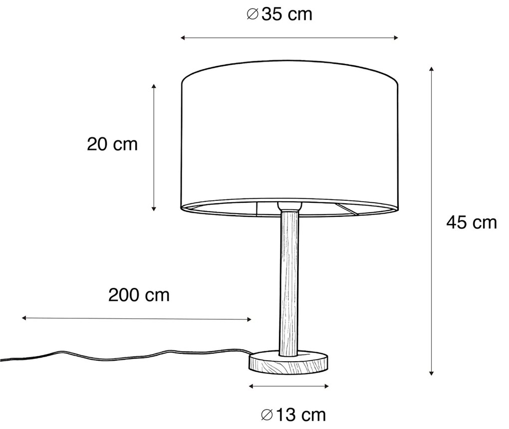 Tafellamp hout met velours kap groen 35cm - Mels Klassiek / Antiek, Landelijk E27 rond Binnenverlichting Lamp