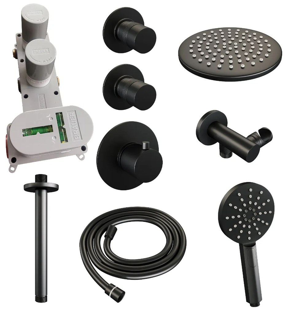 Brauer Black Edition complete inbouw regendouche met 3 standen handdouche, plafondarm en hoofddouche 20cm set 11 zwart mat