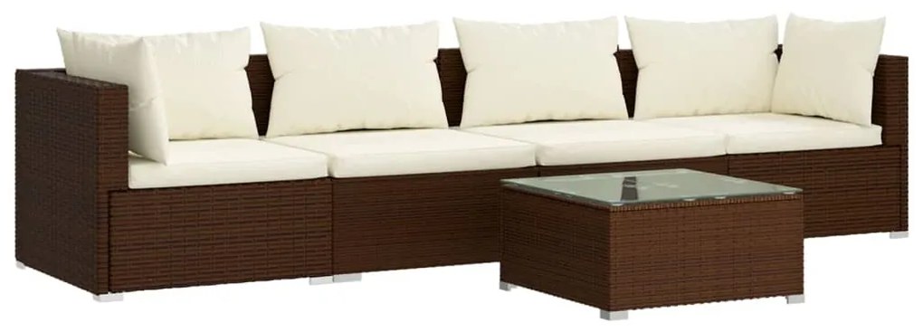 vidaXL 5-delige Loungeset met kussens poly rattan bruin