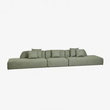 3-delige Modulaire Bank Met Dubbele Gestoffeerde Chaise Longue Cardea Bouclé Saliegroen - Sklum