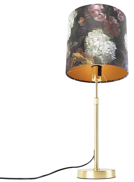 Stoffen Tafellamp goud/messing met velours kap bloemen 25 cm - Parte Klassiek / Antiek E27 cilinder / rond rond Binnenverlichting Lamp