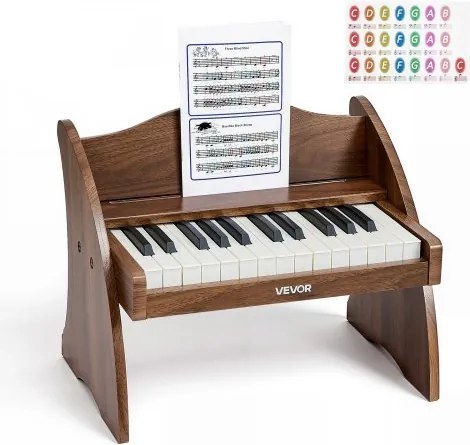 VEVOR Kinderkeyboard, 25 toetsen, elektrische piano, houten piano voor kinderen vanaf 3 jaar, muzikaal speelgoed met realistisch geluid, dubbele voeding, regelbaar volume, vroege muzikale ontwikkeling, walnoothout