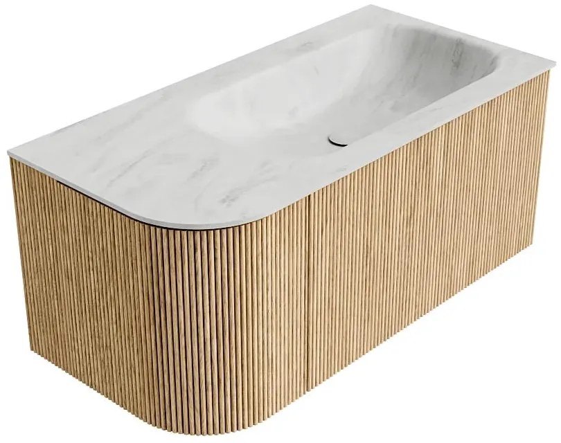 Mondiaz Kurve-dlux 95cm badmeubel ronding links oak met 1 lade en deur en wastafel big small kraangat rechts opalo