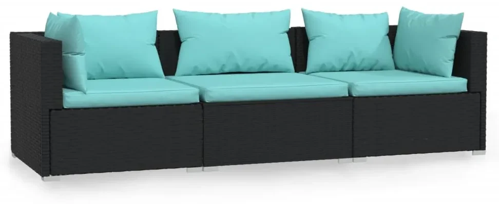 vidaXL Driezitsbank met kussens poly rattan zwart