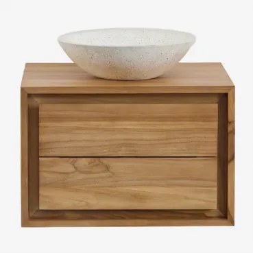 Jabari Zwevend Badkamermeubelset Van Teakhout Teakhout & Rond Cement Wit Ø40 Cm Zavion & Spiegelloze & Zonder Kraan - Sklum