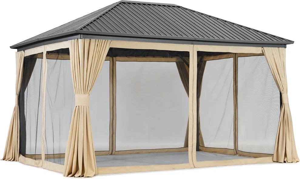 Metalen tuinhuisje Sardinia 3x4 met gordijnen en muggengaas Garden Point beige